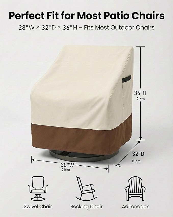 Waterproof Patio Chair Covers, Heavy Duty 600D Lawn Outdoor Furniture Covers for Swivel, Lounge, Rocking & Adirondack Chairs, All-Weather UV & Fade Resistant, 28W x 32D x 36H in, 2-Pack Beige & Brown