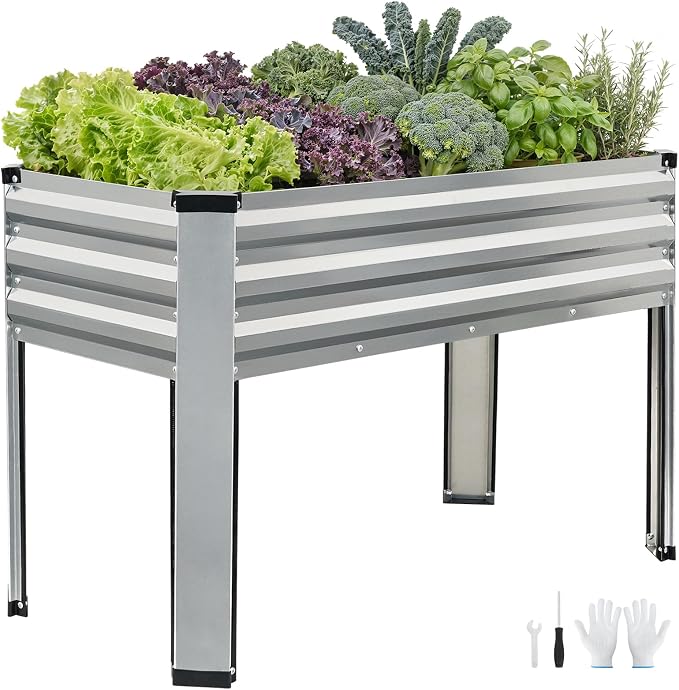Galvanized Raised Garden Bed with Legs, 48x24x32in Elevated Raised Garden Bed Outdoor with Drainage Holes, Planter Boxes for Gardening Vegetable Flower Fruit in Backyard, Patio, Balcony (Silver)