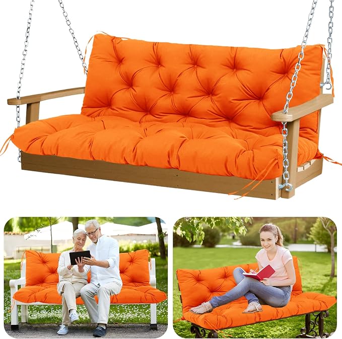 Premium Outdoor Swing Cushions 70x40 inch Waterproof Porch Swing Cushions 2-3 Seater Replacement with Backrest and Ties Swing Cushion for Outdoor Furniture Patio Porch Backyard Garden (Orange)
