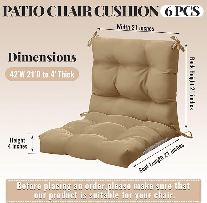 Marsui 6 Pcs Outdoor Indoor High Back Chair Cushions Patio Furniture Tufted Pillow with Ties Water-Resistant Replacement Outdoor Rocking Chair Cushions, 42 x 21 Inches (Dark Brown,Solid Color)