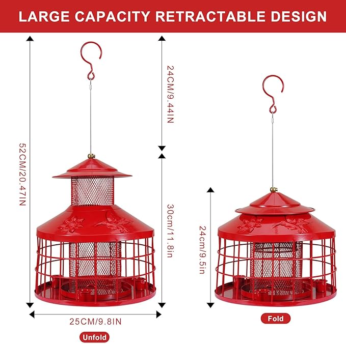 Squirrel Proof Bird Feeder with 3 Water Cups, 4.2LB Large Capacity Outdoor Hanging Bird Feeder with Metal Cage, One-Piece Design No Assembly Needed, Weather Resistant & Stylish for Garden, Yard (Red)