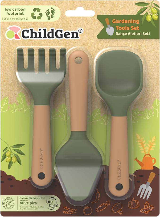 ChildGen Gardening Tools Set, Mini Tools for Shaping Play Sand & Sensory Play, Creative Outdoor & Indoor Fun for Kids, Bioplastic Toy from Olive Pits