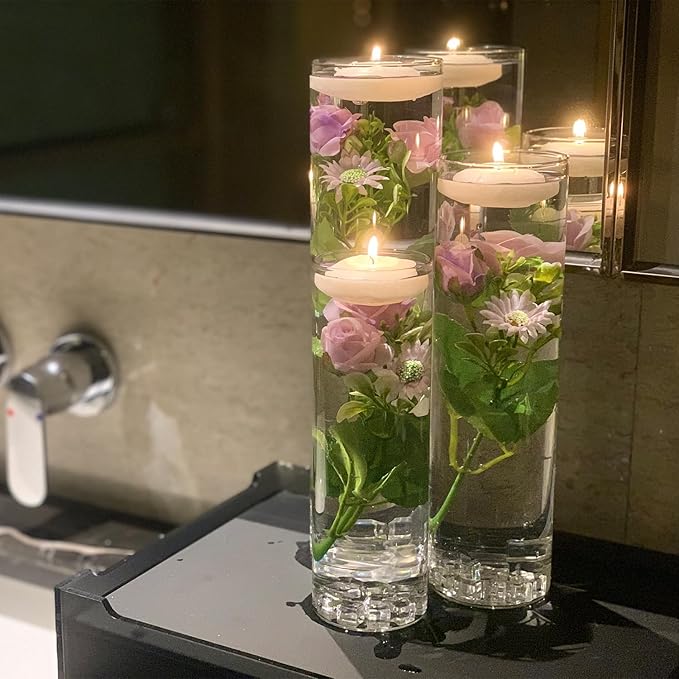 Purple Rose Floating Flowers for Table Centerpieces Glass Cylinder Vases Fillers Set with Floating Candles and Fake Ice Cubes for Wedding Party Home Pool Bar Restaurant Festival Decoration