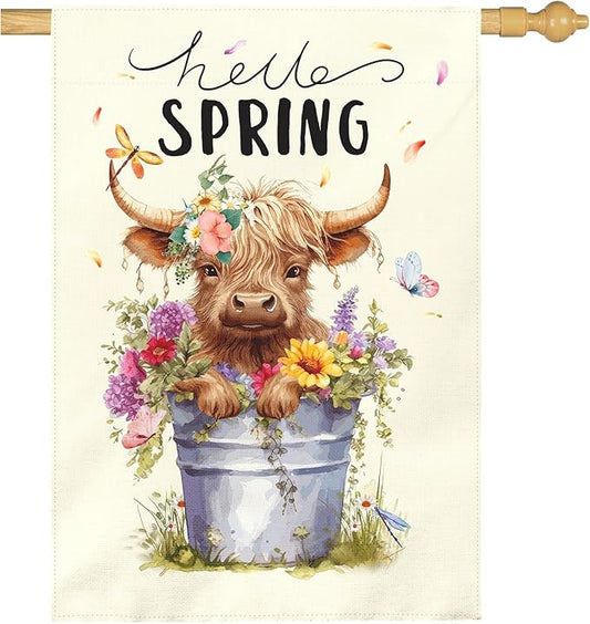 Hello Spring Garden Flag Large Highland Cow Polyester House Banner Double Sided Vertical Farmhouse Butterfly Floral Yard Flags Rustic Daisy Banner for Seasonal Outdoor Decor 28 x 40 Inch