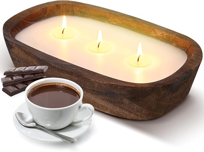 Threlaco 1 Pack 10 Inch Wood Dough Bowl Candles Home Rustic Dough Bowl Soy Candle 3 Wick Scented Candles Gifts for Men Women Farmhouse Table Centerpiece Home Decor for Christmas(Hot Cocoa)