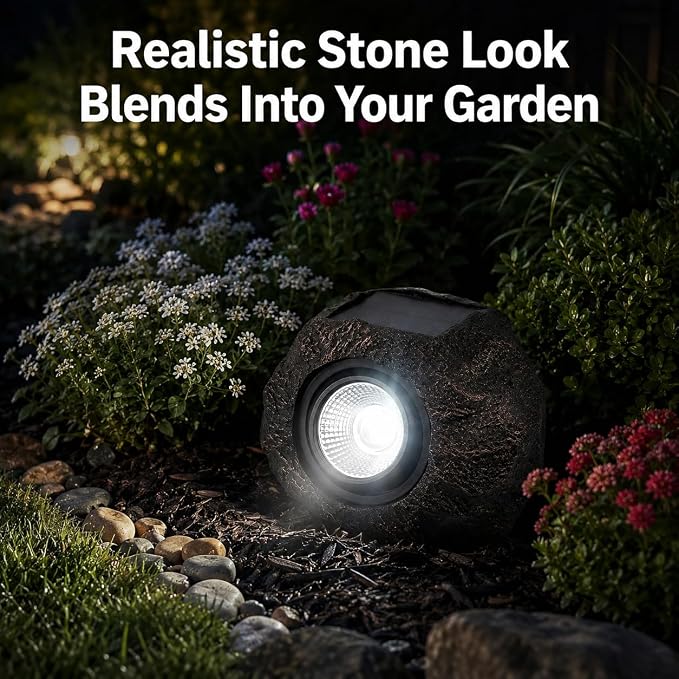 Solar Rock Lights Outdoor, IP65 Waterproof LED Solar Spotlights, Realistic Stone Garden Lights with Adjustable Angle & Auto On/Off, Solar Landscape Pathway Lights for Yard, Walkway, Patio (2 Pack)