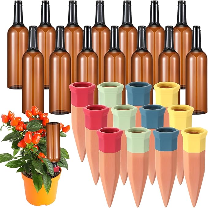 Baderke 24 Pcs 12 Set Plant Watering Devices, Terracotta Watering Spikes with 25 oz Plastic Wine Bottles, Slow Release Vacation Insert Automatic Plant Waterer Devices for Indoor Outdoor
