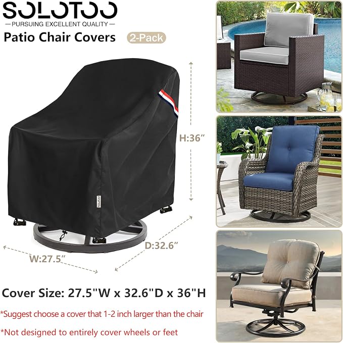 Patio Chair Covers Waterproof Heavy Duty Patio Furniture Covers, 27.5W x 32.6D x 36H Inches Swivel Outdoor Chair Cover 2 Pack (Black)