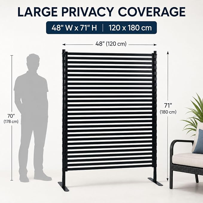 FOLLOOK Metal Privacy Screen Outdoor Freestanding, Poly-Coating Rustproof Metal Decorative Slatted Privacy Screen Fence Panels for Outside Backyard Garden Patio Deck, 48" W x 71" H, Black