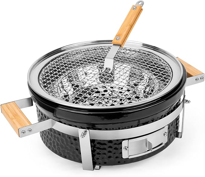 ONLYFIRE GRILLS Ceramic Hibachi Charcoal Grill with Grid Lifter, 14" Portable BBQ Yakitori Grill with Stainless Steel Grate for Outdoor Patio Backyard Barbecue Cooking, GS305