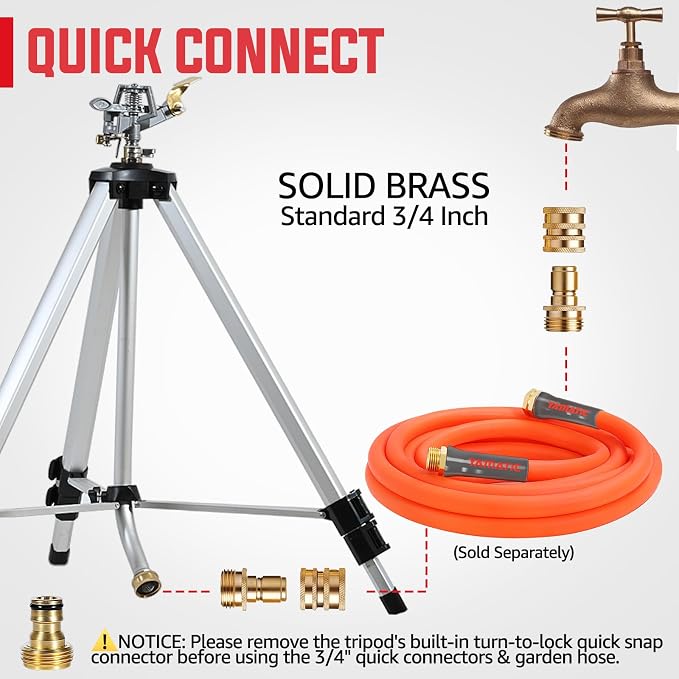 YAMATIC Impact Sprinkler on Adjustable Tripod Base, 360 Degree Large Area, with 3/4" Thread Quick Connect Fittings, Heavy Duty Pulsator Sprinkler for Lawn Yard and Grass, Spray up to 20-90ft (36inch)