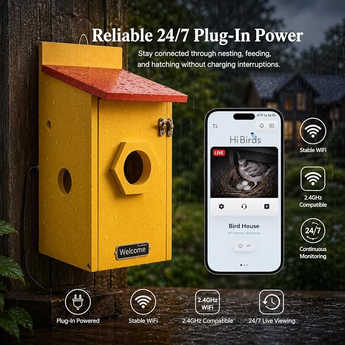 Smart Birdhouse with Camera for Backyard Bird Watching, Wooden Outdoor Nesting Box with App Live View, Motion Detection, Color Night Vision & Two-Way Audio