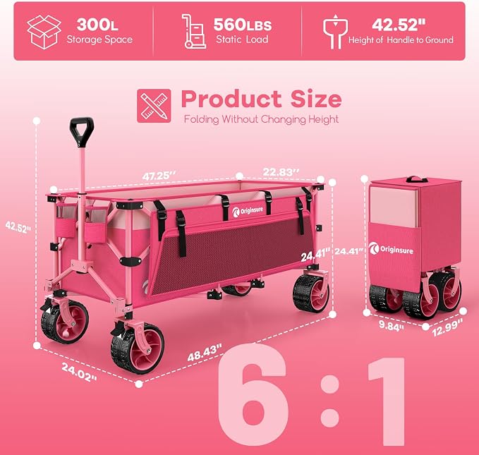 Originsure 48" L Collapsible Wagon Cart Foldable, 560lbs Weight Capacity 300L Heavy Duty Folding Beach Wagons with Big All-Terrain Wheels, Utility Carts for Groceries, Camping, Sports - Pink