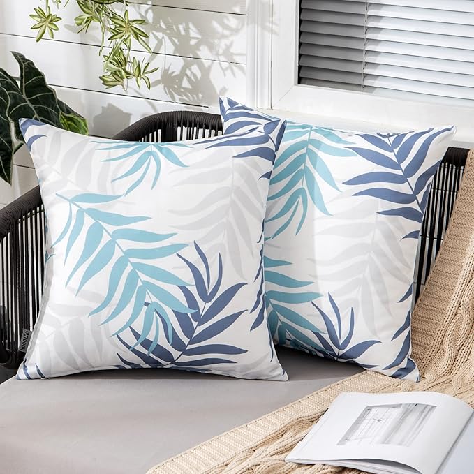 MIULEE Pack of 2 Decorative Outdoor Waterproof Throw Pillow Covers Patio Pillow Cases Natural Leaves Pattern Spring Square Cushion Shams Shell for Garden Balcony Couch 20x20 Inch, Blue