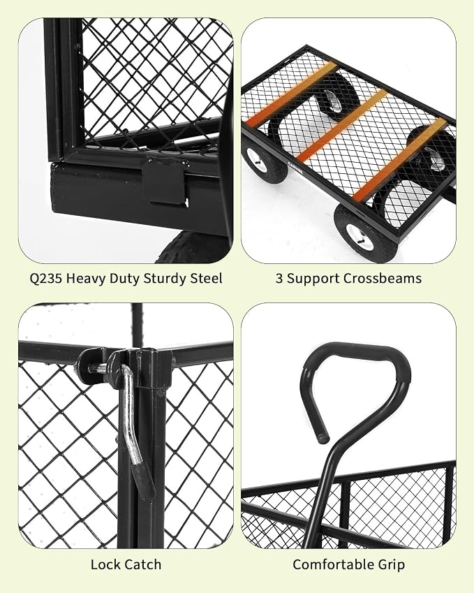Garvee Versatile Outdoor Utility Cart-800LBS Heavy-Duty, 10" All-Terrain Pneumatic Tires, Easy Maneuverable Lawn Cart with Removable Mesh Panels for Gardening&Landscaping, Black, with Waterproof Liner