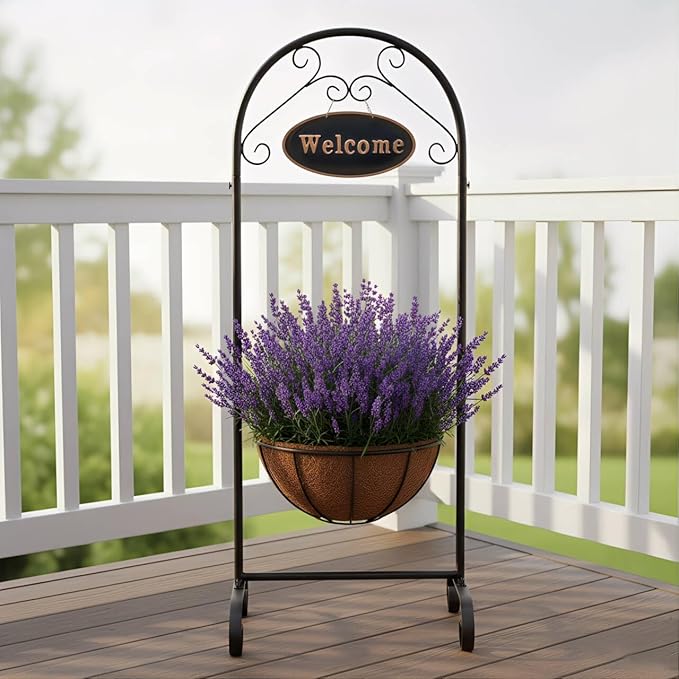 SUNNYPARK Black Metal Welcome Sign Hanging Basket Stand - 40 Inch Decorative Planter Holder for Outdoor/Indoor Plants, Flowers, Herbs - Rustic Garden Decor