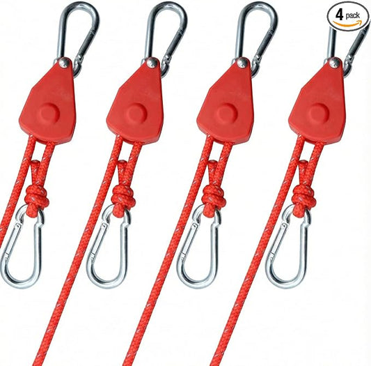 4Pack Retractable Ratchet Tie Down Straps, 13 Ft 1/8” Adjustable Rope Hanger, Heavy Duty Ratcheting Pulley System with 2 Carabiner Hook, for Tent, Hanging Plants, Grow Lights, Vivid Red