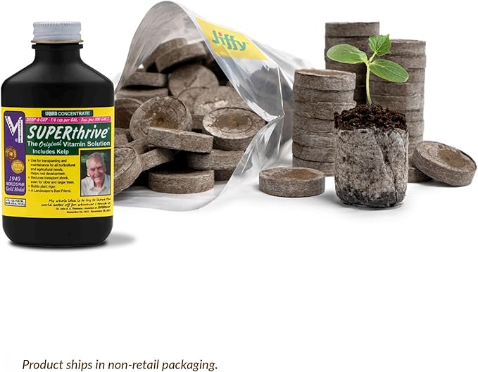 100 Count- Jiffy 36 MM Peat Soil Pellets Seeds Starting Plugs: Indoor Seed Starter- Start Planting Indoors for Transplanting to Garden and SUPERthrive Plant Vitamin Solution with Kelp, 4 Oz.
