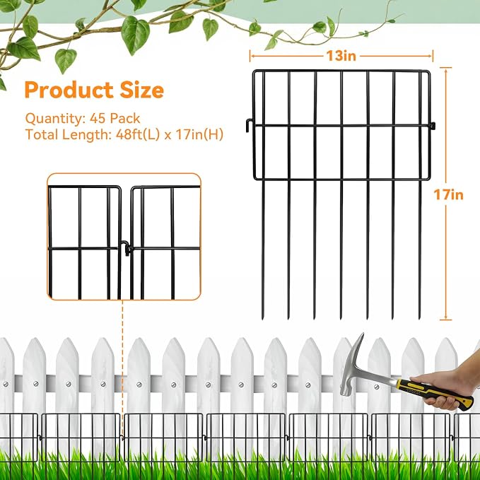 45 Pack Animal Barrier Fence, 48.75ft(L) x 17in(H) No Dig Fence for Dogs, 1.2in Gaps Anti Digging Fence for Dogs, Rustproof Metal Garden Fence Animal Barrier for Flower Beds & Patio