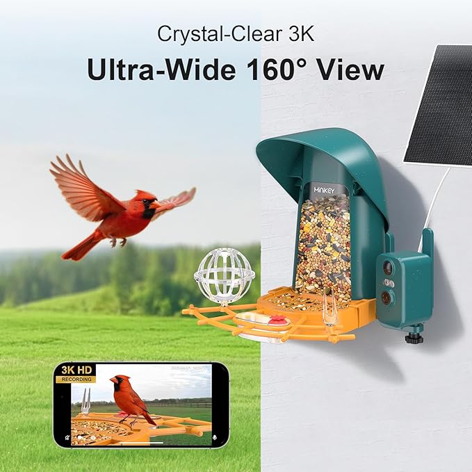 Smart Bird Feeder with Camera Outdoor Birdhouse, 4MP Ultra HD & AI Identify 11000+ Species, 2L Large Capacity, Solar Powered with App Arrived Alerts, Ideal Bird House Gifts for Mom Dad