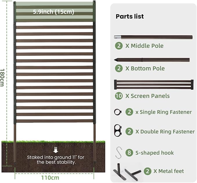 Outdoor Privacy Screens - Length: 43in, Height: 70.8in, Fence Privacy Screen, Freestanding Horizontal Fence, Metal Material, Anti-Corrosion and Weatherproof, Suitable for Outdoor Garden Courtyard