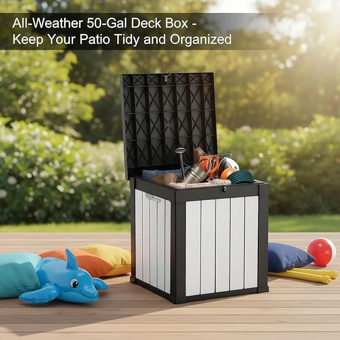 50 Gallon Resin Deck Box with Lockable Lid - Outdoor Waterproof Storage for Patio Furniture, Garden Tools, Cushions & Pool Accessories, Wood Grain Design, All-Weather Durable