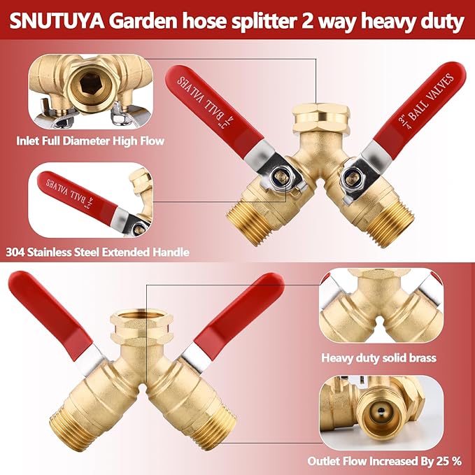 Solid Brass Garden Hose Splitter 2 Way Heavy Duty, Full Flow Y Valve Hose Splitter With Long Handle, 3/4" GHT Thread