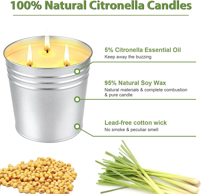 Citronella Candles Outdoor, 34OZ Large Citronella Candle for Patio, 3 Wicks Natural Soy Candle for Summer, 200 Hours Long Lasting Burn Outside Candles for Garden, Yard Balcony, Camping