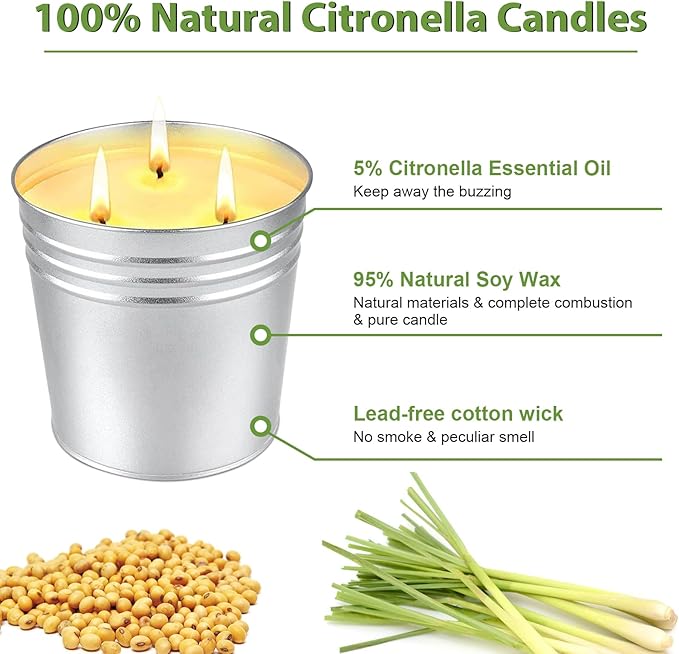 Citronella Candles Outdoor, Large Citronella Candle for Home Patio, 3 Wicks Natural Soy Candle for Summer, 200 Hours Long Lasting Burn Outside Candles for Garden, Yard Balcony, Summer Camping