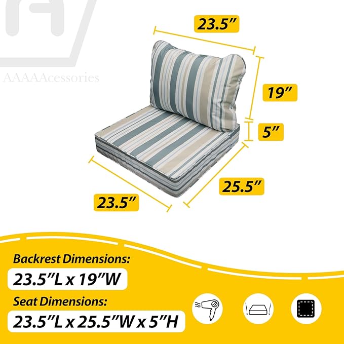AAAAAcessories Outdoor Seat Cushions for Chairs, Fade-Resistant, Waterproof Patio Furniture Replacement Cushions, 23.5" x 25.5" x 5" + 23.5" x 19", Slate Gray Blue Coastal Stripe