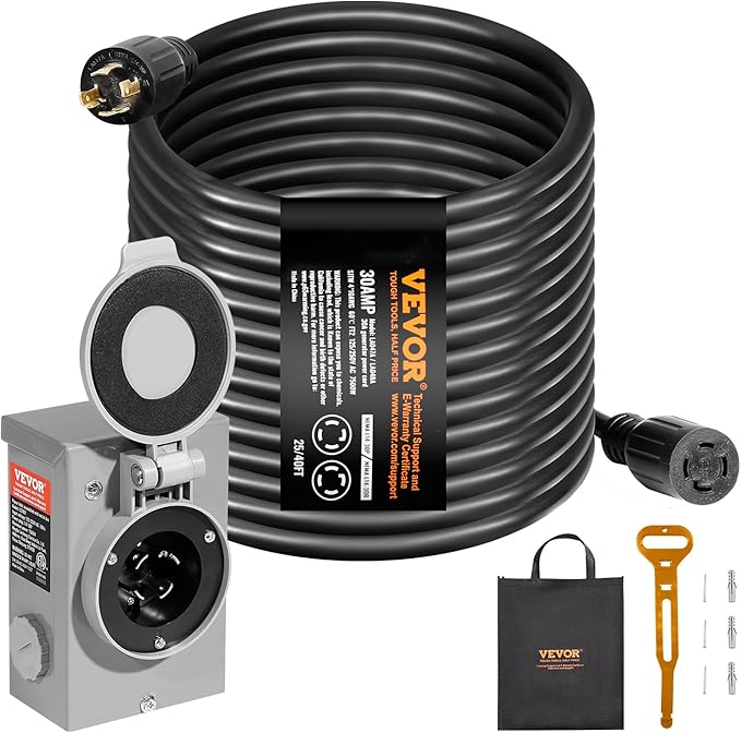 VEVOR 30 Amp Generator Cord and Power Inlet Box Kit, 25 FT Generator Extension Cord NEMA L14-30P/L14-30R STW 10 AWG with Twist Lock Connector, Pre-Drilled Inlet Box, ETL Listed