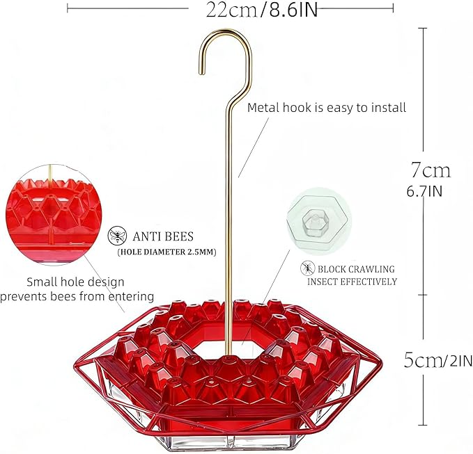 Hummingbird Feeder with Ant-Proof Moat Hummingbird Feeder, Easy to Clean and Refill Includes Hanging Hook, Features 30 Feeding Ports (Red 2PCS)