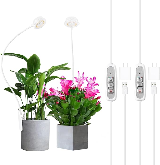 Indoor Small Plant Growth Lights, Pot Clip Grow Lights, LED Full Spectrum, Grow Lamps with 4 Brightness Levels, Auto Timer 6/12/ 16 Hrs for Succulents, White 2 Pack