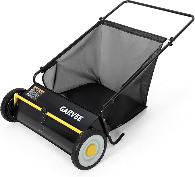 Efficient 21-Inch Push Lawn Sweeper – Thickened Steel Frame, 4 Spinning Brushes, Strong Rubber Wheels, Large 3.5 Cu.Ft Pusher, Manual Leaf & Grass Collector – Black with Yellow Hubcaps and Crossbar