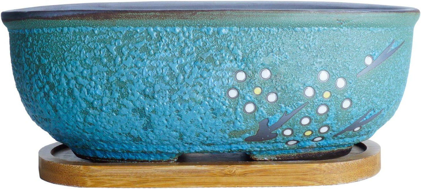 ARTKETTY Succulent Pots, 7.9" Rectangle Succulent Planters with Drainage Tray, Shallow Planters for Indoor Plants Ceramic Cactus Pots Bonsai Flower Plant Container for Home Windowsill Decor