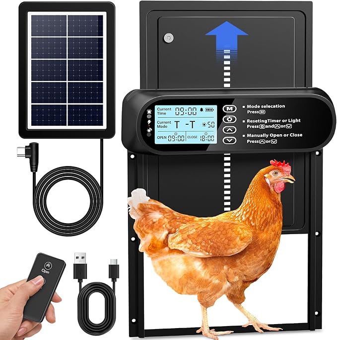 Automatic Chicken Coop Door Solar Powered, LCD Screen Electric Auto Chicken Coop Door with Timer & Light Sensor, Aluminum Rechargeable Automatic Chicken Door Opener with Remote Control & 4 Modes