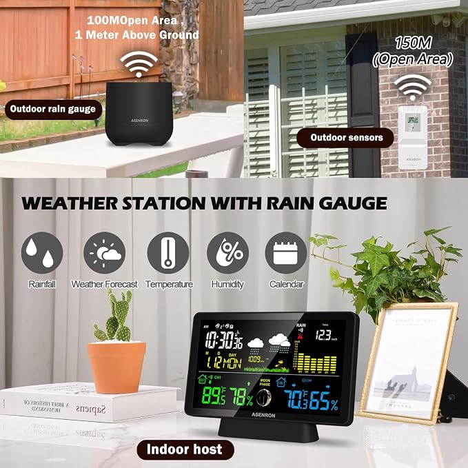 Weather Station with Rain Gauge, Home Weather Stations Wireless Indoor Outdoor with Rain Gauge, Thermometer, Barometric Pressure, Humidity Monitor, Atomic Clock, Digital Weather Forecast and Alerts