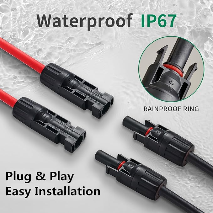 2 Pairs Solar Connectors Y Branch Parallel Adapters 10AWG Cable for Solar Panel (Red & Black)