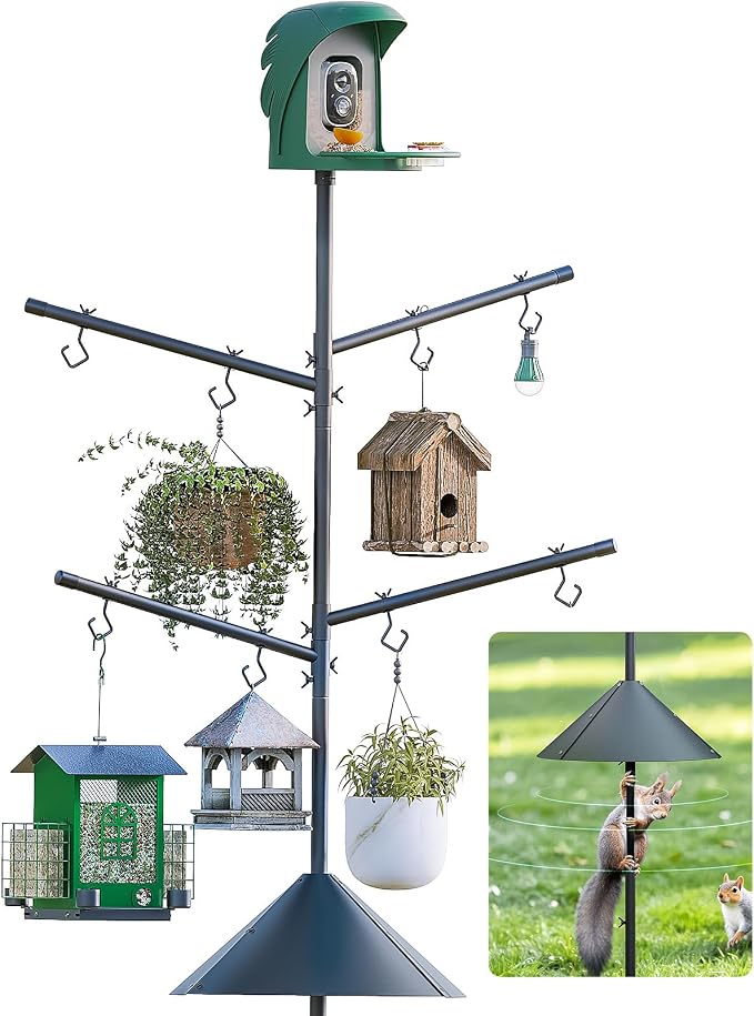 Bird Feeder Pole with Squirrel Baffle, 92'' Inch 360° Rotating Heavy-Duty Bird House Pole for Outdoors,Adjustable Height,Universal Mount Kit for Bird Feeder Cameras&Houses (92'' Black)