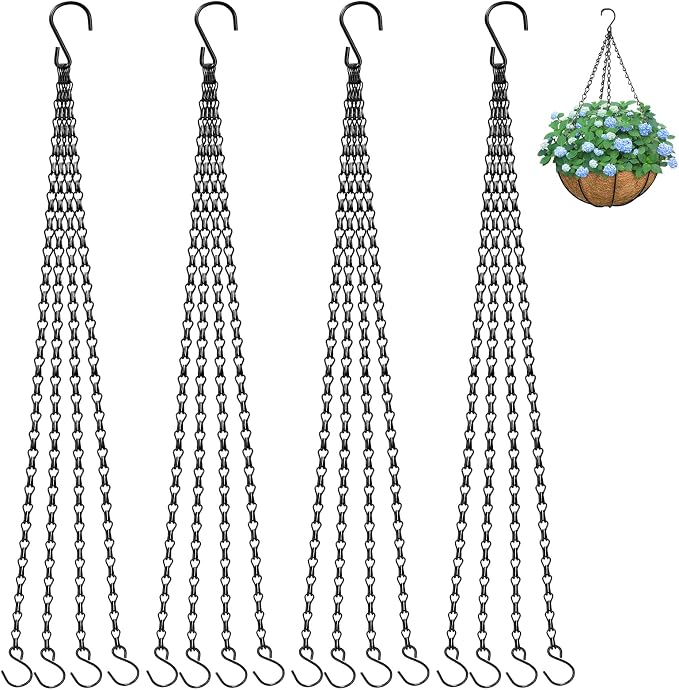 ZeeDix Complete Hanging Basket Kit – 2 Pack 16 Inch Wire Baskets with Coco Liners + 4 Pack 24 Inch Heavy Duty Black Chains for Indoor & Outdoor Garden, Patio, Balcony
