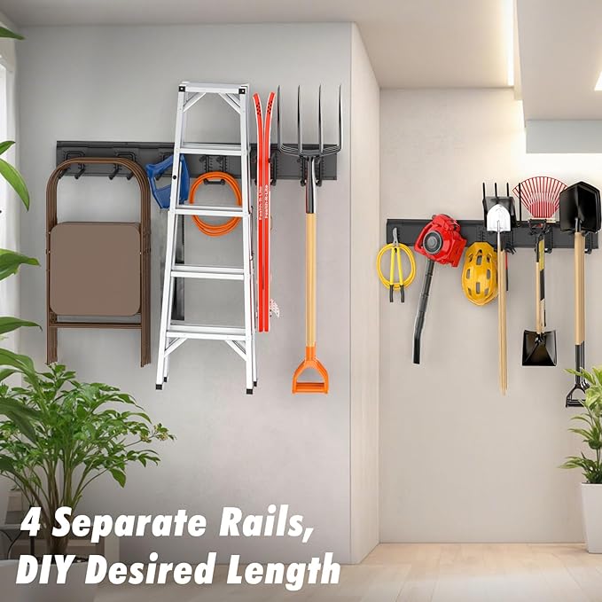 Housolution Heavy Duty Garage Wall Organizer 64 Inch - 18Pack Carries 570 lbs, Garage Tool Organizer Storage System, 4 Rails with 12 Adjustable Hooks, Garden Tool Organizer for Warehouse, Workshop