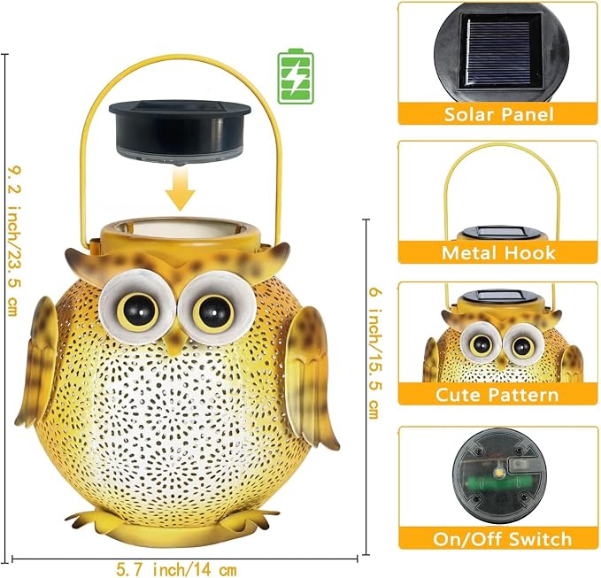 Solar Owl Lights Outdoor Waterproof - Hanging Solar Lanterns for Garden, Patio, Yard, Pathway - Vintage Metal Owl Solar Garden Lights, Outdoor Hanging Solar Lights for Outside Decor (1 Pack, Yellow)