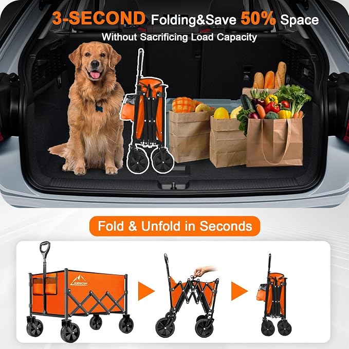 Collapsible Folding Wagon Cart, 350LBS Utility Large Capacity Cart Foldable Wagon with All Terrain Wheels, Grocery Wagons Carts for Garden Shopping Sports Camping, Bright Orange