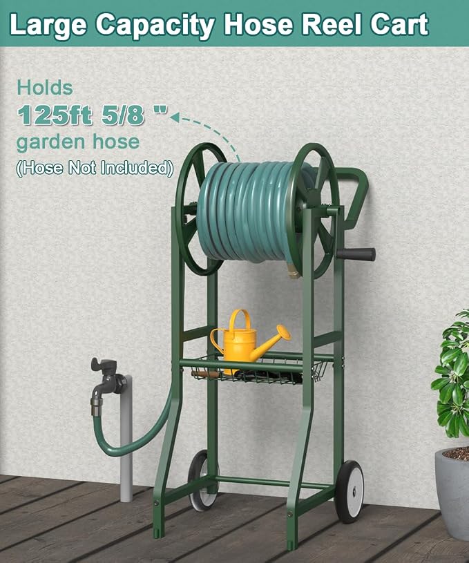 Artigarden Garden Hose Reel Cart with Wheels, Outdoor Heavy Duty Powder Coated Steel Water Winder Storage Holds 125 ft 5/8" Hose with 3.9ft Leader Hose and Basket for Backyard, Yard, Lawn, Green