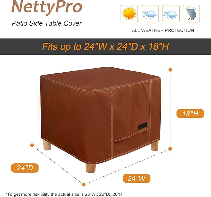 NettyPro Waterproof Outdoor Furniture Side Table Cover 24 x 24 Inch Patio Square Ottoman Table Cover All Weather Protection