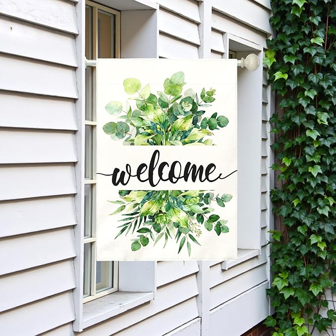 Welcome Garden Flag Spring Large Summer Greenery Watercolor Eucalyptus Leaves House Banner Seasonal Rustic Farmhouse Hosta Fragrant Plantain Yard Flags for Porch Patio Home Decor 28 x 40 Inch
