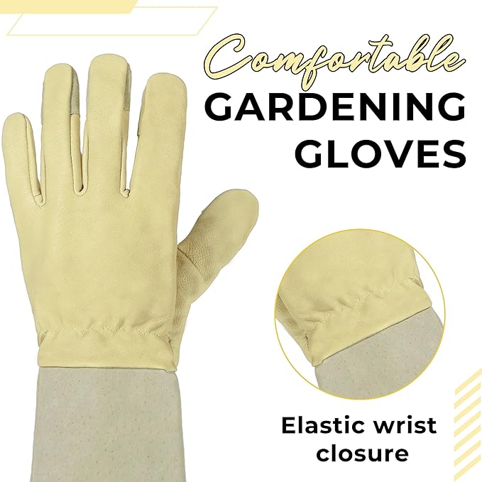 HANDLANDY Rose Pruning Gardening Gloves for Men Women, Thorn Proof Forearm Protection Leather Garden Gloves, Gardening Gifts for Gardeners (Vanilla, X-Large)
