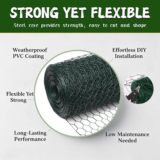 Black 19GA Chicken Wire 13.7inx157in, Chicken Wire Fencing, Chicken Fence, PVC Coated Chicken Wire, PVC Coated Wire Mesh for Animal/Rabbit/Floral/Chicken Coop/DIY Projects.