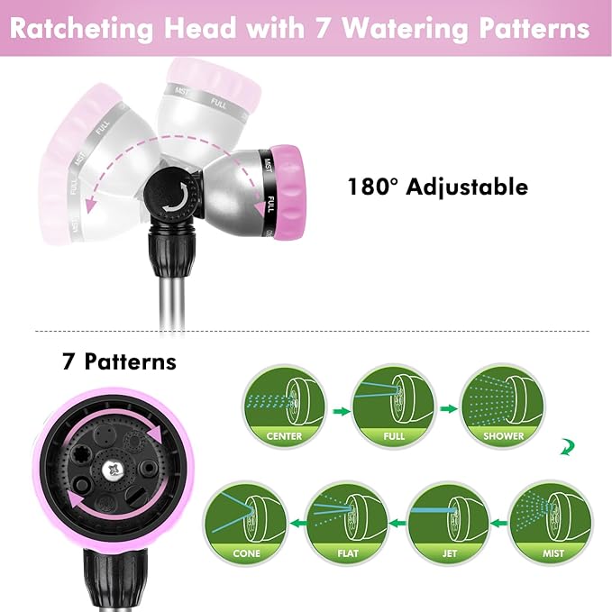 RESTMO 36”-60” Metal Watering Wand, Long Telescopic Tube | 180° Adjustable Ratcheting Head | 7 Spray Patterns | Flow Control, Perfect Garden Hose Sprayer to Water Hanging Baskets, Shrubs, Pink