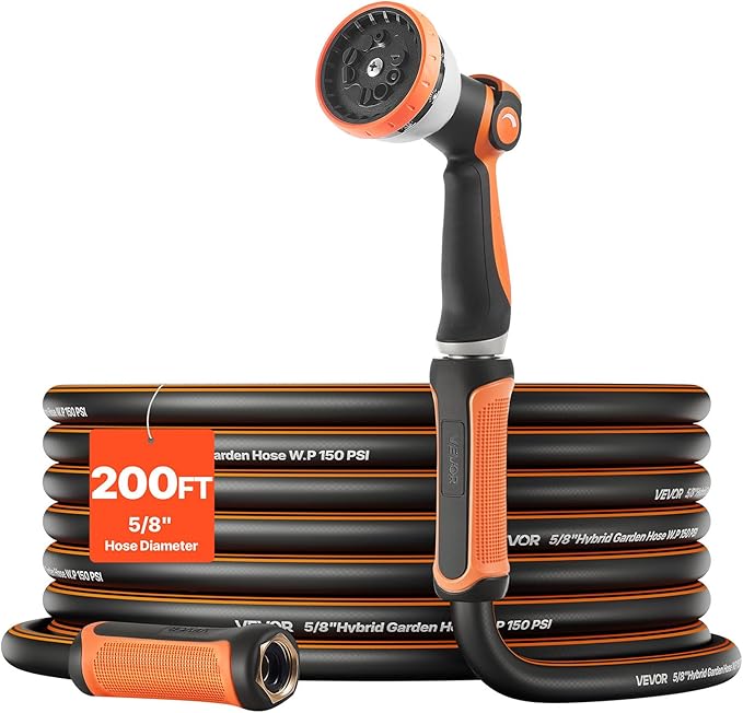 VEVOR Garden Hose, 200 ft 5/8" Heavy Duty Rubber Water Hose with 10 Mode Nozzle, 150PSI Working & 600PSI Burst, Flexible & Non-kink Outdoor Waterhose with 3/4" Fitting, Lightweight Hoses for Gardening